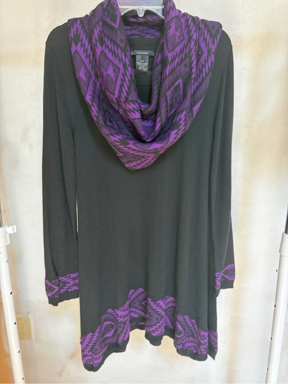 Alison Sheri Women’s Small Black Purple Aztec Tunic Sweater Cowl Neck